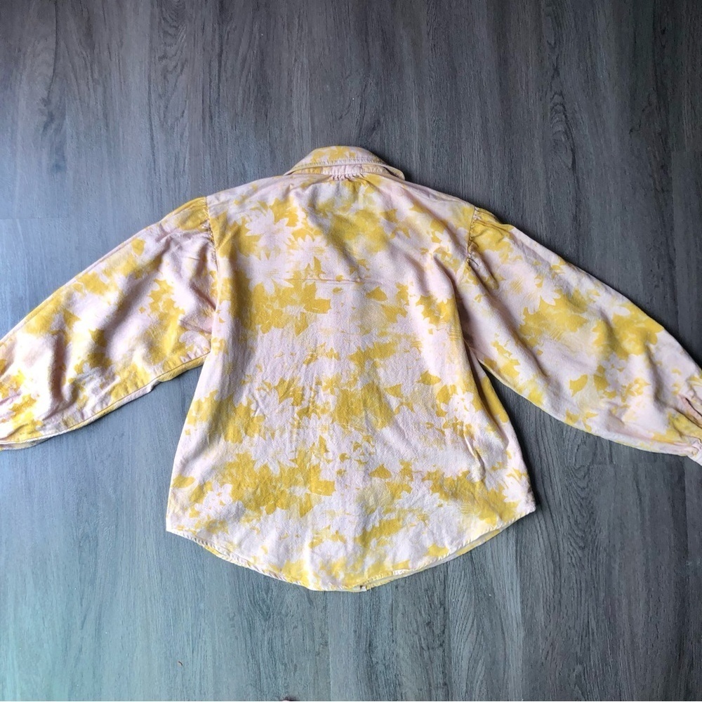Self Contrast Blouse Women’s XS Pink Yellow Linen Blend Puff Sleeve Button Shirt - Picture 3 of 8